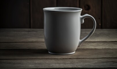  a white coffee cup sitting on top of a wooden table.  generative ai