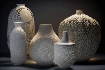 Beautiful white vases with intricate organic patterns, ornaments, and textures on a dark background. AI-generated. 