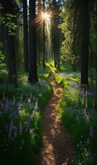  a path through a forest with bluebells and trees.  generative ai