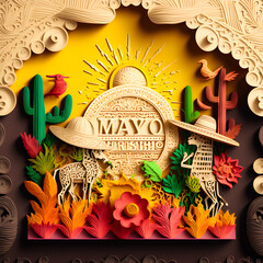 Cinco de Mayo Papercut. Ai Generated Illustration. Diorama Origami Background. Hispanic Holiday.