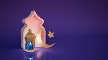 Islamic decoration for Ramadan with lantern and Mosque on purple background 3D rendering