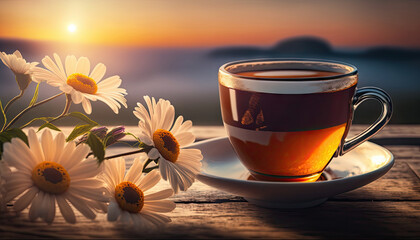 Coffee in cup on wooden table with flowers in spring season, calm and relax coffee, hot beverage, Morning drinks with Generative AI.
