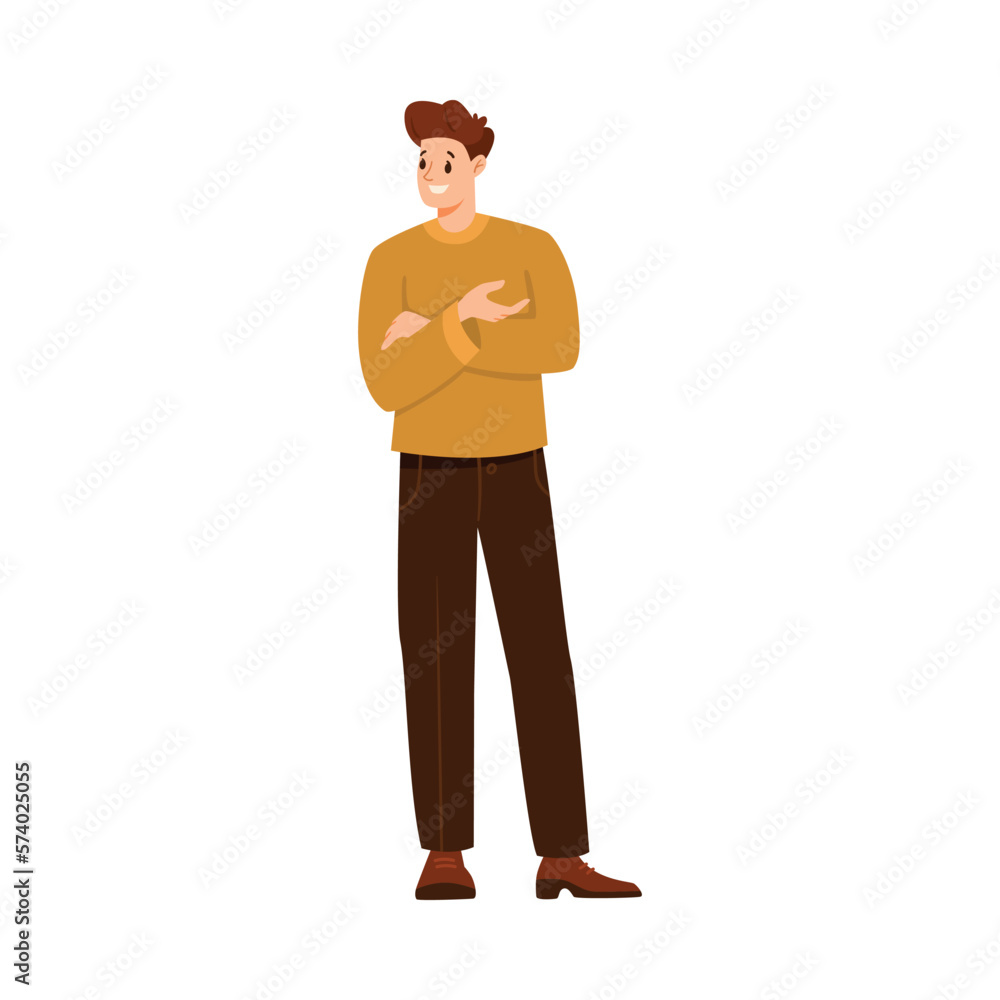 Poster man teacher character standing and explaining something vector illustration