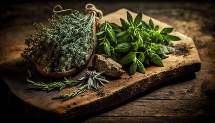  a wooden cutting board topped with herbs on top of a table.  generative ai