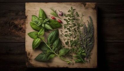 Obraz na płótnie Canvas a cutting board with herbs on it on a wooden surface. generative ai