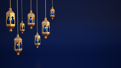 Ramadan lanterns hanging on blue background. Festive greeting card 3D rendering