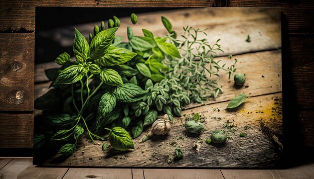  a picture of a bunch of herbs on a wooden table.  generative ai
