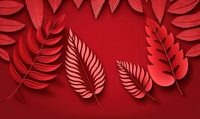  a red paper cut of leaves on a red background with a red background.  generative ai
