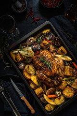 Appetizing roasted chicken with vegetables on a platter.  Dark set table with wine and cutlery in the background. Top view.