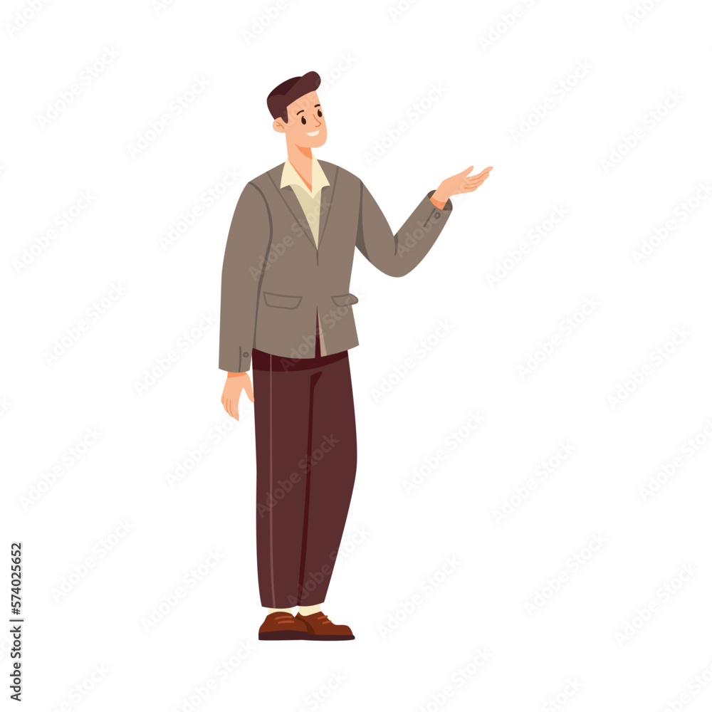 Poster man teacher character standing and explaining something vector illustration
