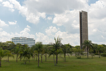 Clock Tower at Clock Square and University of Sao Paulo Rectorate building, Sao Paulo, Brazil -...
