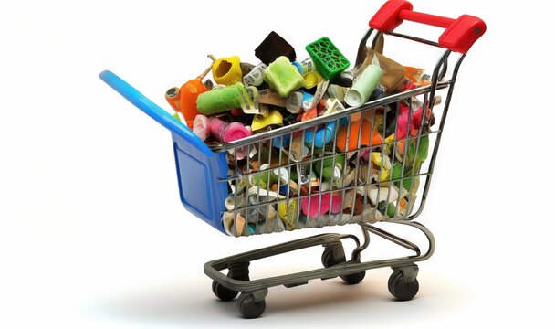  a shopping cart filled with lots of different colored items on a white background.  generative ai