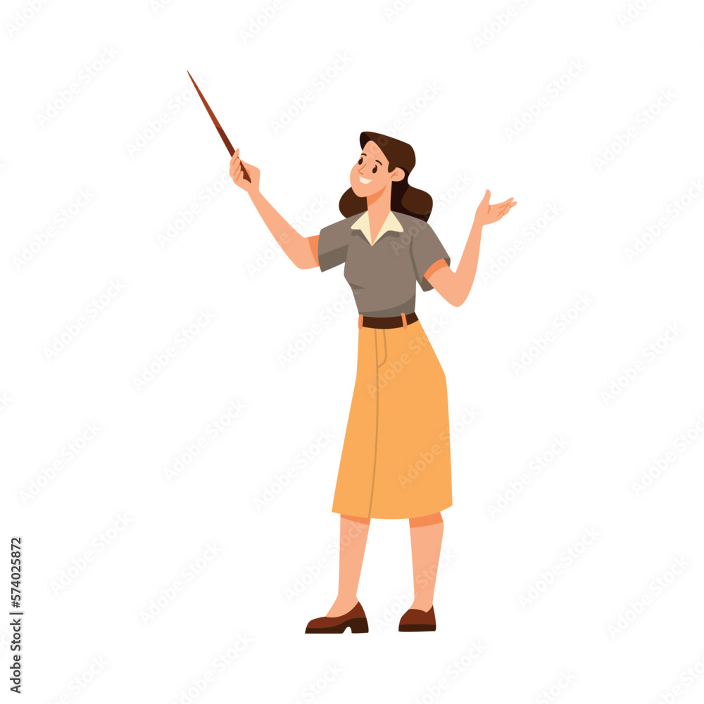 Poster woman teacher character standing with pointer and explaining something vector illustration