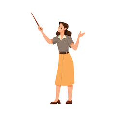 Woman Teacher Character Standing with Pointer and Explaining Something Vector Illustration