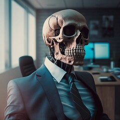 Human skull wearing business suit in office. Businessman writing while sitting at desk in office. Created with Generative AI