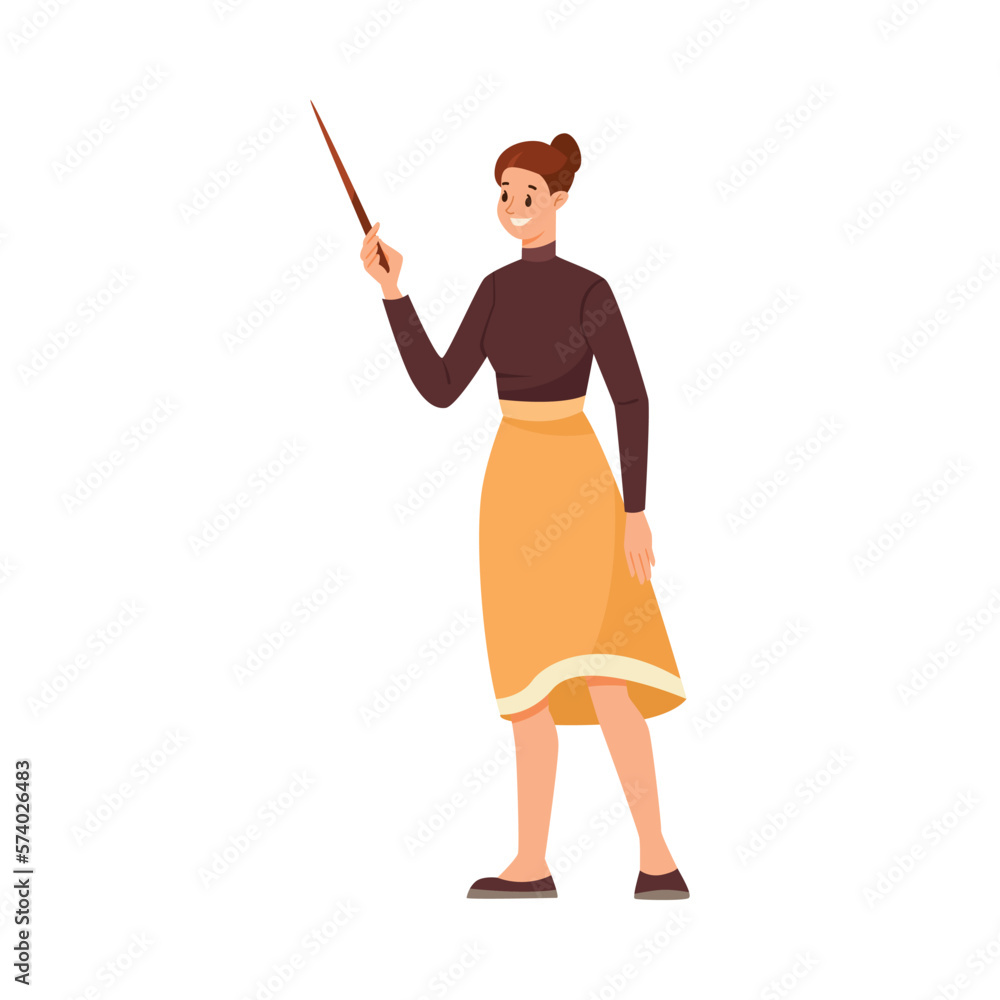 Poster woman teacher character standing with pointer and explaining something vector illustration