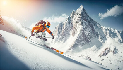Naklejka na ściany i meble man on the ski in snowy mountains