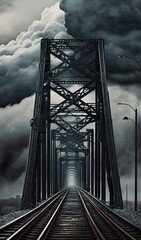  a train track going across a bridge under a cloudy sky.  generative ai