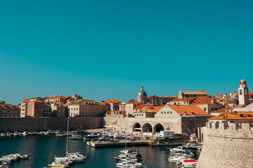 View of the old port in Dubrovnik old town, clear skies, Croatia