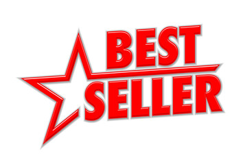 Red advertising sticker Best Seller with star. Vector on transparent background
