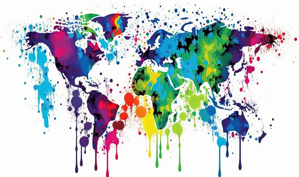  a colorful world map with paint splatters on it.  generative ai