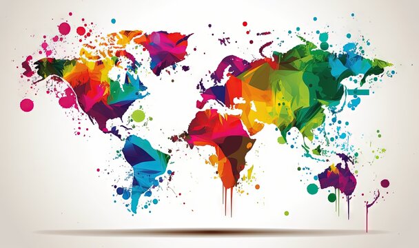  a colorful map of the world with paint splatters.  generative ai
