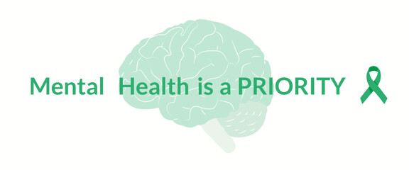 Mental Health is Priority Green Ribbon Vector Banner Psychological Wellness