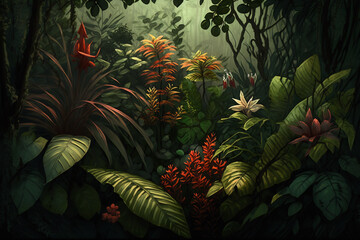 Fototapeta na wymiar Dreamy fantasy deep jungle lush vegetation, digital illustration