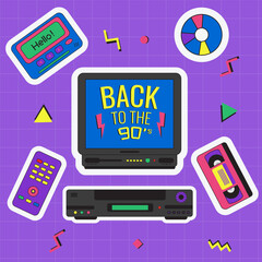 Nostalgia for 1990s -2000s. Vector illustration in retro style. TV, disc, video cassette, pager, TV remote, video player. The style of the 90s. Violet isolated background. Set of stickers