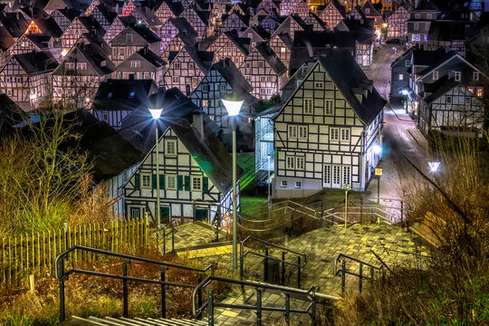 Night shot of historical "Alter Flecken" half-timbered houses - Freudenberg, Germany