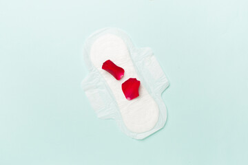 Menstrual pad with red petals on color background, top view