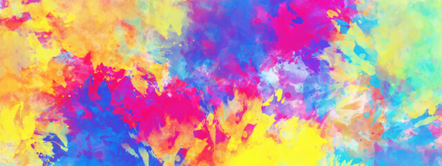 Abstract bright colorful yellow, pink, orange, blue watercolor drawing on white paper background.