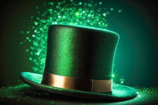 Shiny Leprechaun hat with glitter and a ribbon for Irish Saint Patrick's Day holiday. Isolated green hat bokeh effect and sparkling background. Gold coins, clovers leaves, good luck. Generative AI.