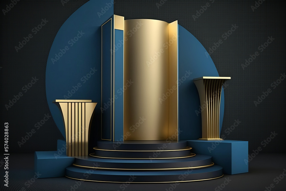 Wall mural Luxury gold and blue product display podium. Generative ai