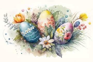 Obraz na płótnie Canvas Decorated colorful easter eggs in the grass with flowers, watercolor Generative AI illustration