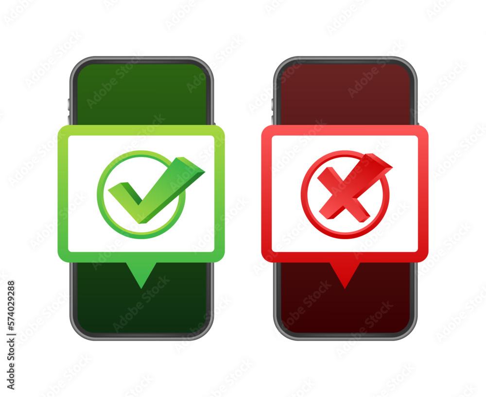 Poster hands holding smartphones with checkmarks set. tick and cross check marks. vector stock illustration