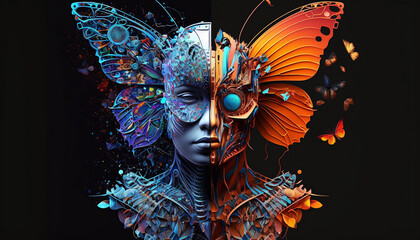 abstract image of a man and a butterfly, in mixed styles on a dark background, colorful ornament