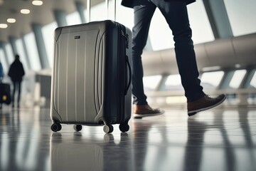 A business traveler walking through the airport departure area with a suitcase. Generative Ai.