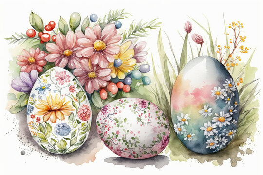 Watercolor decorated easter eggs in the grass with spring flowers, Generative AI cute easter print