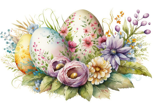 recommend clip art: Decorated easter eggs in the grass with spring flowers, watercolor Generative AI illustration
