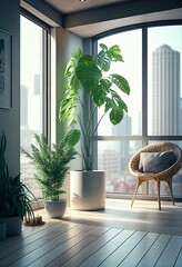 High floor modern interior with big windows city viewing, cozy living room interior with potted green plants, modern chair and big windows depicting other buildings and skyscrapers. Generative Ai.