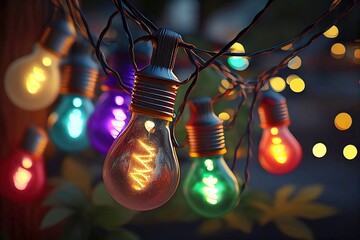 Close-up of glowing retro colorful party light bulbs hanging on the string against dark night background. Generative Ai.