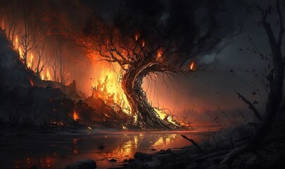  a painting of a tree on fire in a dark forest.  generative ai
