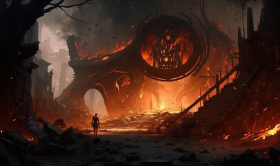  a man standing in a dark forest next to a giant structure.  generative ai