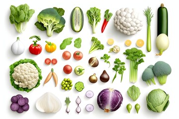 Top view of different kinds of vegetables on white background. Large group of fresh organic and raw vegetables. Generative Ai.