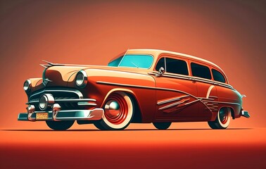 Classic retro styled car mockup on red background, front left side view. Generative Ai.