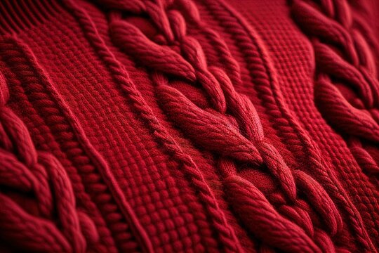 A close up of a burgundy red sweater texture wool material with a pattern, filling the full frame. Generative Ai.