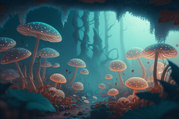 Fototapeta na wymiar Fantasy Magical Mushrooms and Butterfly in Enchanted Fairy Tale Dreamy Elf Forest.