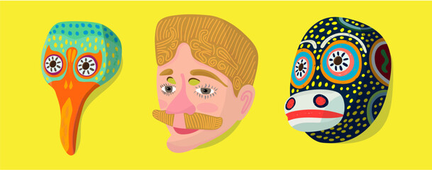 Ilustración en vectores de máscaras artesanales de la cultura Maya de Chichicastenango Guatemala, Centroamérica, mono, ave y español, mascaras ceremoniales tradicionales.