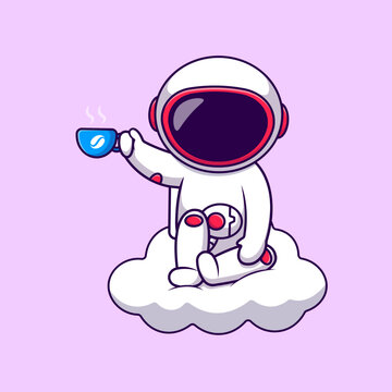 Cute Astronaut Drink Hot Coffee On Cloud Cartoon Vector Icons Illustration. Flat Cartoon Concept. Suitable for any creative project.